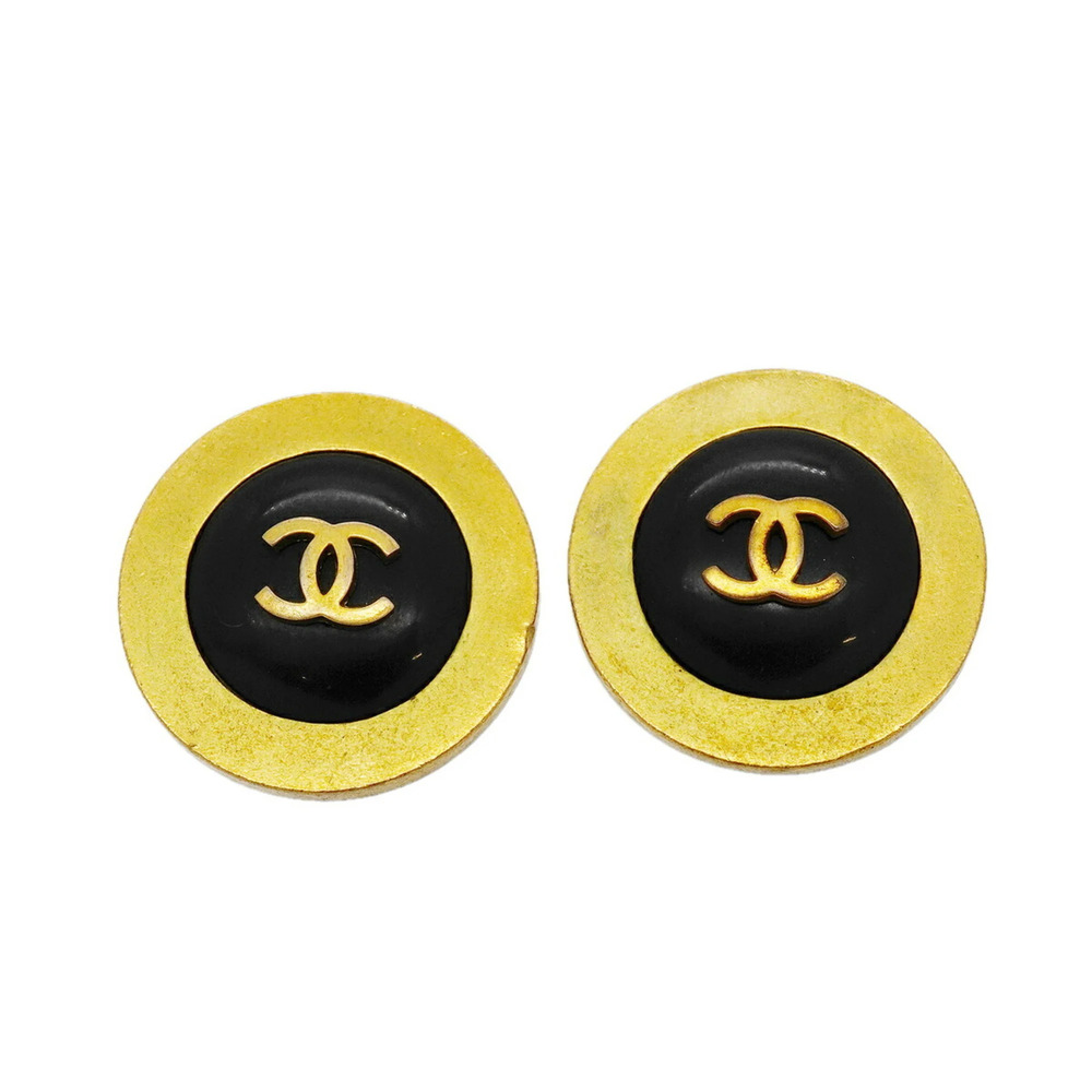 Chanel Earrings, Coco Mark Circle, GP Plated, Gold, Black, Women's